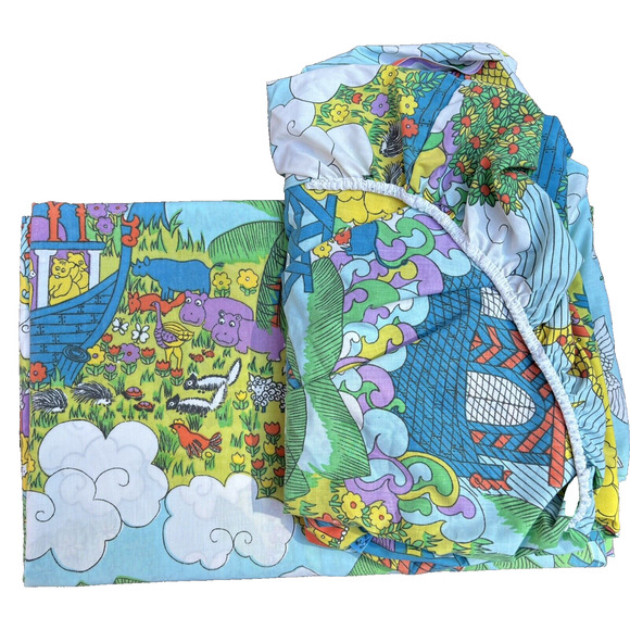 Sears Other - Vtg Sears Childrens Noah Ark 60s 70s Twin Bed Fitted & Flat Sheet Set Color READ